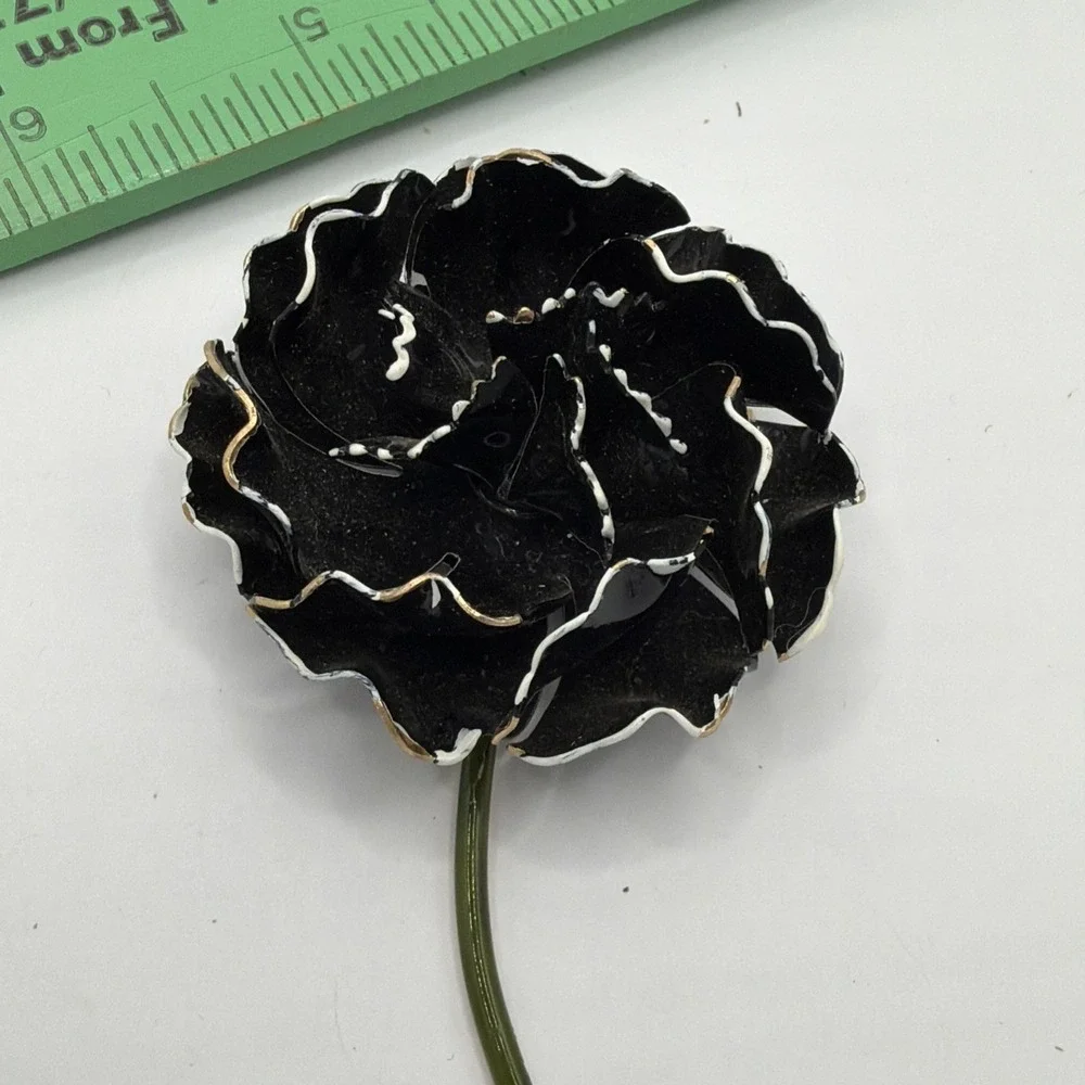 Vintage‎ 1950s Silver Tone Mid Century Black Flower Brooch